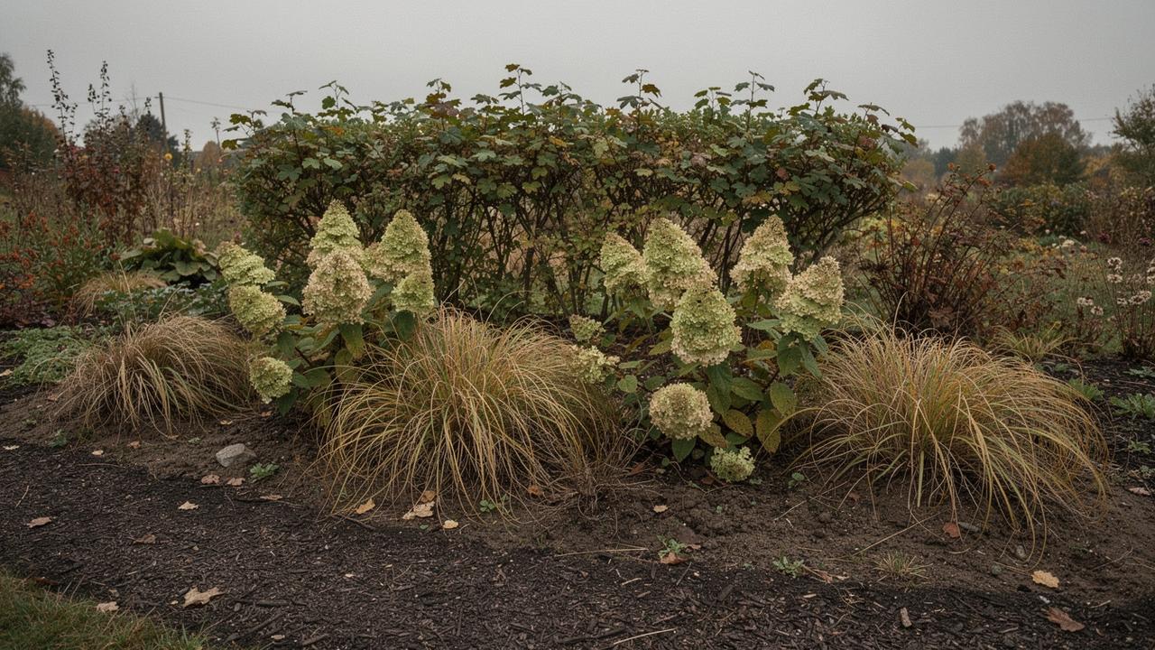 Planted border of hornbeam, panicle hydrangea and autumn moor grass along a garden path in Kyiv oblast