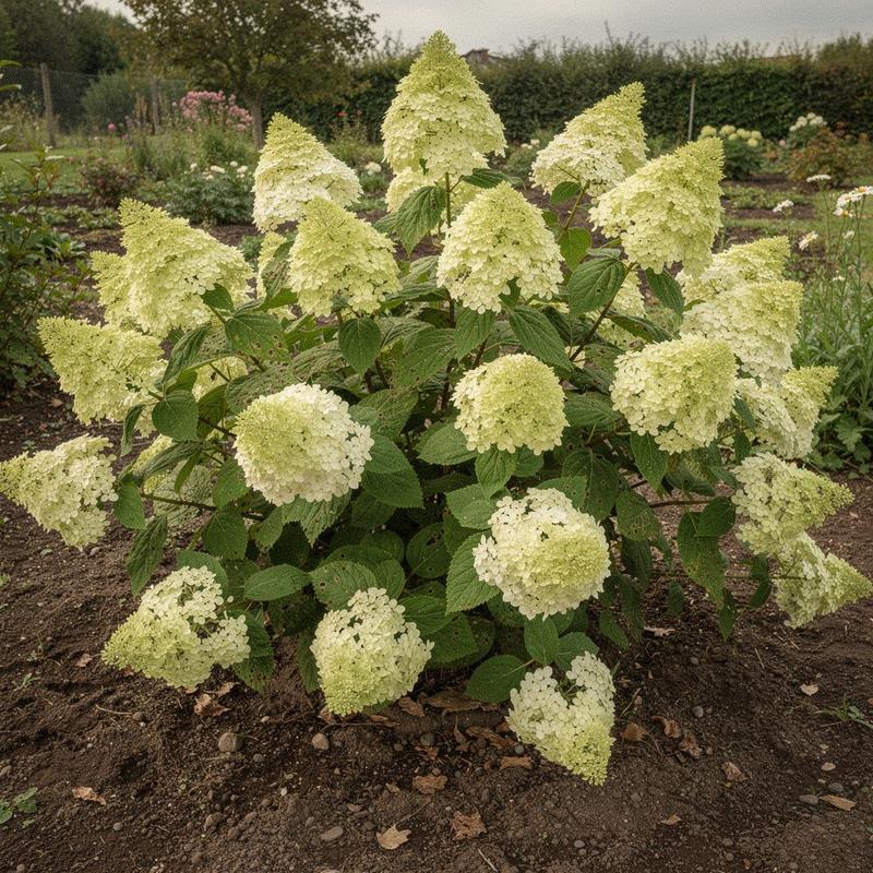 Hydrangea paniculata Limelight flowering in late summer on a north-facing plot in Kyiv oblast